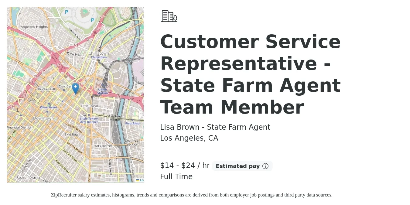Lisa Brown - State Farm Agent job posting for a Customer Service Representative - State Farm Agent Team Member in Los Angeles, CA with a salary of $15 to $25 Hourly with a map of Los Angeles location.