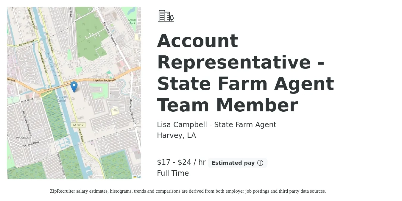 Lisa Campbell - State Farm Agent job posting for a Account Representative - State Farm Agent Team Member in Harvey, LA with a salary of $18 to $25 Hourly with a map of Harvey location.