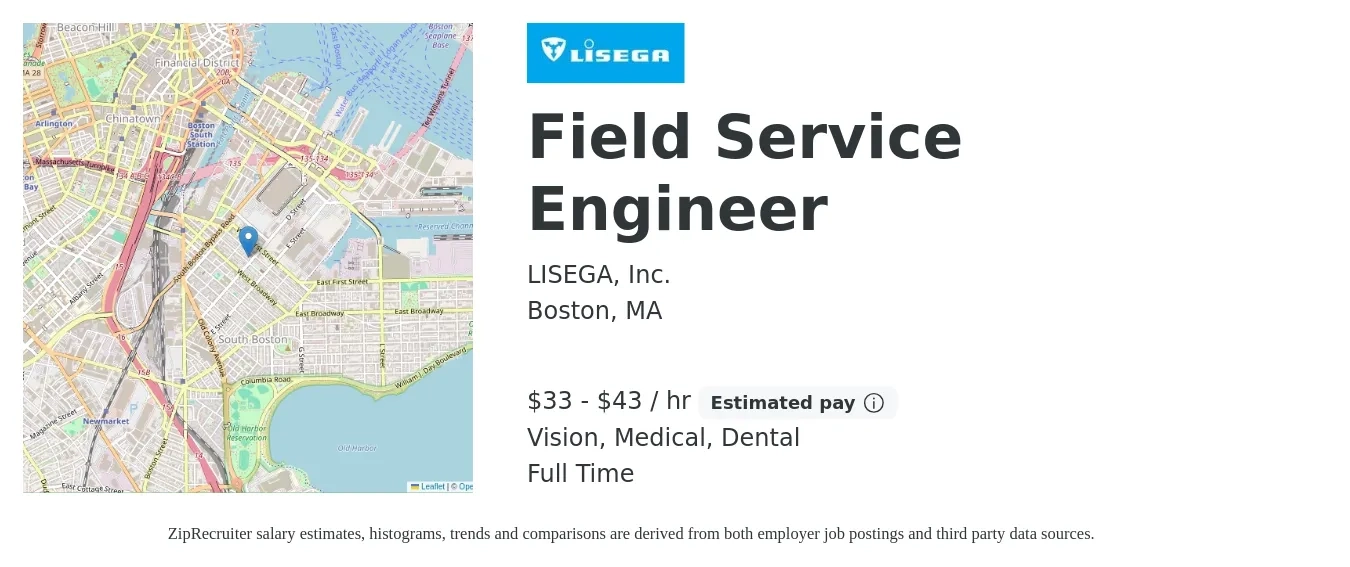 LISEGA, Inc. job posting for a Field Service Engineer in Boston, MA with a salary of $35 to $45 Hourly and benefits including dental, life_insurance, medical, retirement, and vision with a map of Boston location.