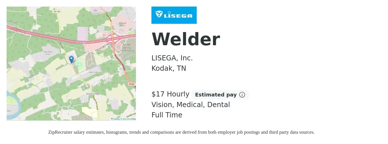 LISEGA, Inc. job posting for a Welder in Kodak, TN with a salary of $18 to $18 Hourly and benefits including pto, retirement, vision, dental, life_insurance, and medical with a map of Kodak location.