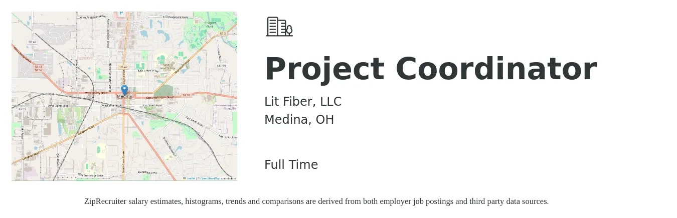 Lit Fiber, LLC job posting for a Project Coordinator in Medina, OH with a salary of $21 to $31 Hourly with a map of Medina location.