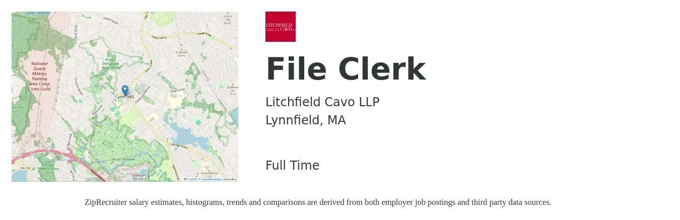 Litchfield Cavo LLP job posting for a File Clerk in Lynnfield, MA with a salary of $18 to $21 Hourly with a map of Lynnfield location.