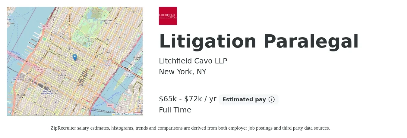 Litchfield Cavo LLP job posting for a Litigation Paralegal in New York, NY with a salary of $65,000 to $72,000 Yearly with a map of New York location.