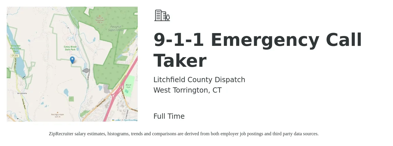 Litchfield County Dispatch job posting for a 9-1-1 Emergency Call Taker in West Torrington, CT with a salary of $21 to $25 Hourly with a map of West Torrington location.