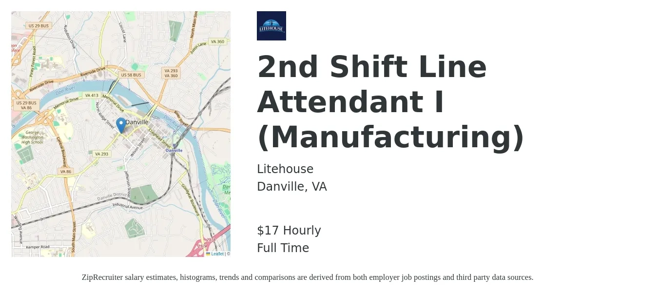 Litehouse job posting for a 2nd Shift Line Attendant I (Manufacturing) in Danville, VA with a salary of $18 Hourly with a map of Danville location.