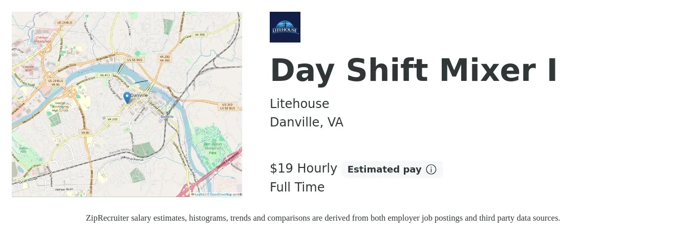 Litehouse job posting for a Day Shift Mixer I in Danville, VA with a salary of $20 Hourly with a map of Danville location.