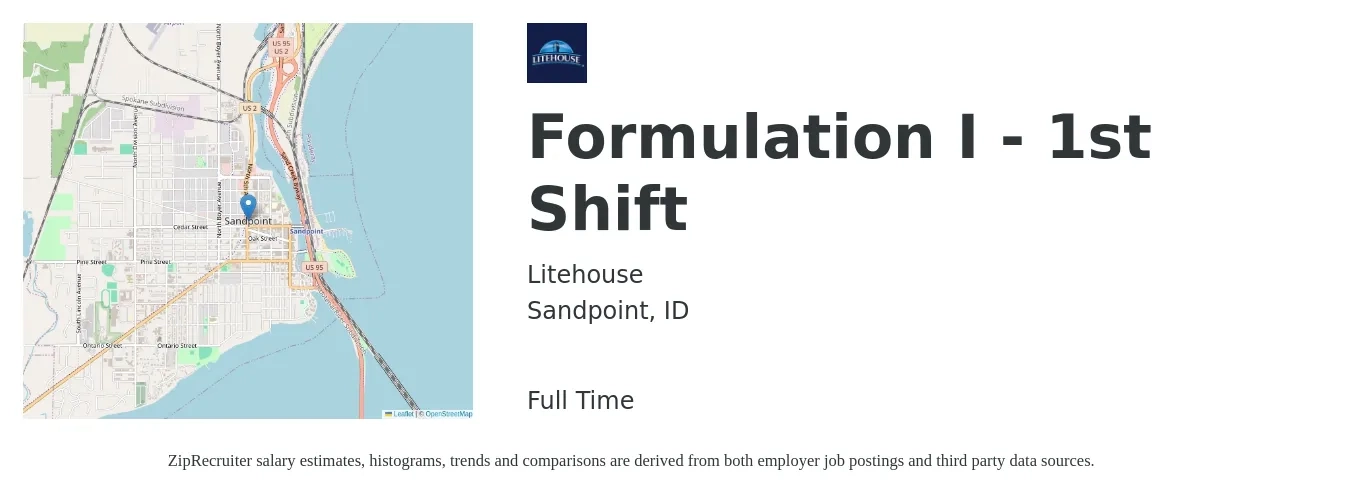 Litehouse job posting for a Formulation I - 1st Shift in Sandpoint, ID with a salary of $18 to $22 Hourly with a map of Sandpoint location.