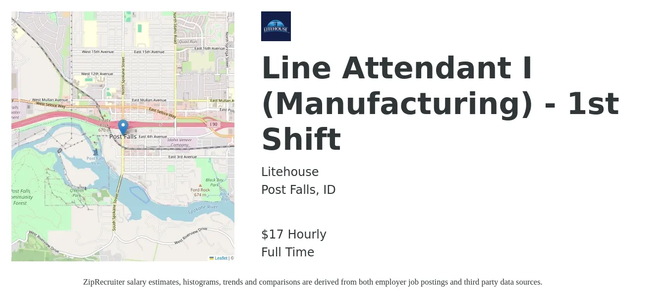 Litehouse job posting for a Line Attendant I (Manufacturing) - 1st Shift in Post Falls, ID with a salary of $18 Hourly with a map of Post Falls location.
