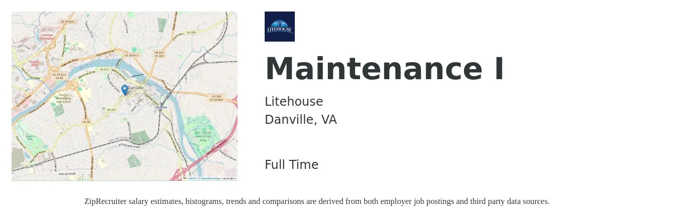 Litehouse job posting for a Maintenance I in Danville, VA with a salary of $22 to $37 Hourly with a map of Danville location.