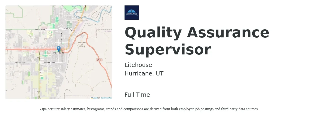 Litehouse job posting for a Quality Assurance Supervisor in Hurricane, UT with a salary of $71,100 to $123,700 Yearly with a map of Hurricane location.