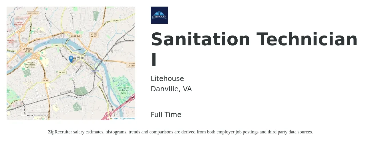 Litehouse job posting for a Sanitation Technician I in Danville, VA with a salary of $15 to $18 Hourly with a map of Danville location.