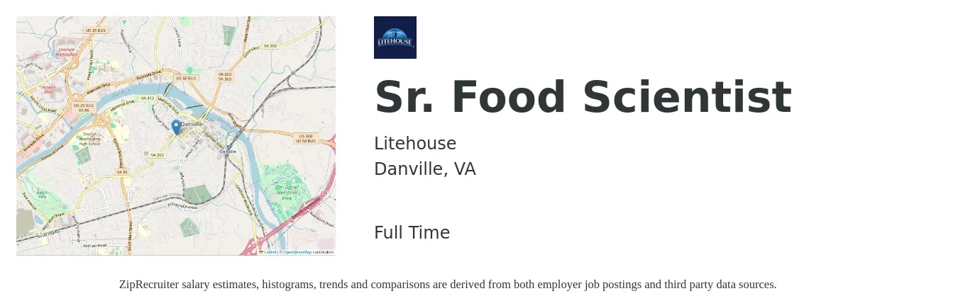 Litehouse job posting for a Sr. Food Scientist in Danville, VA with a salary of $63,100 to $92,800 Yearly with a map of Danville location.