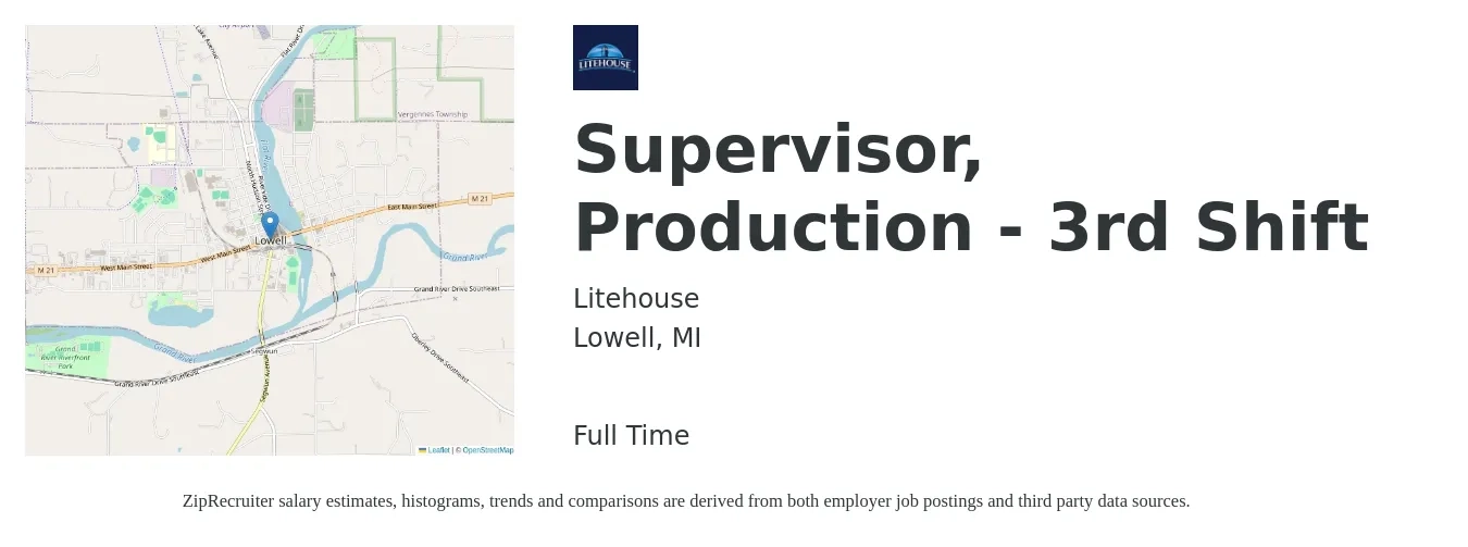 Litehouse job posting for a Supervisor, Production - 3rd Shift in Lowell, MI with a salary of $52,200 to $75,000 Yearly with a map of Lowell location.