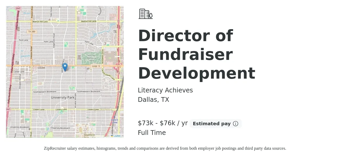 Literacy Achieves job posting for a Director Of Fundraiser Development in Dallas, TX with a salary of $73,000 to $76,000 Yearly with a map of Dallas location.