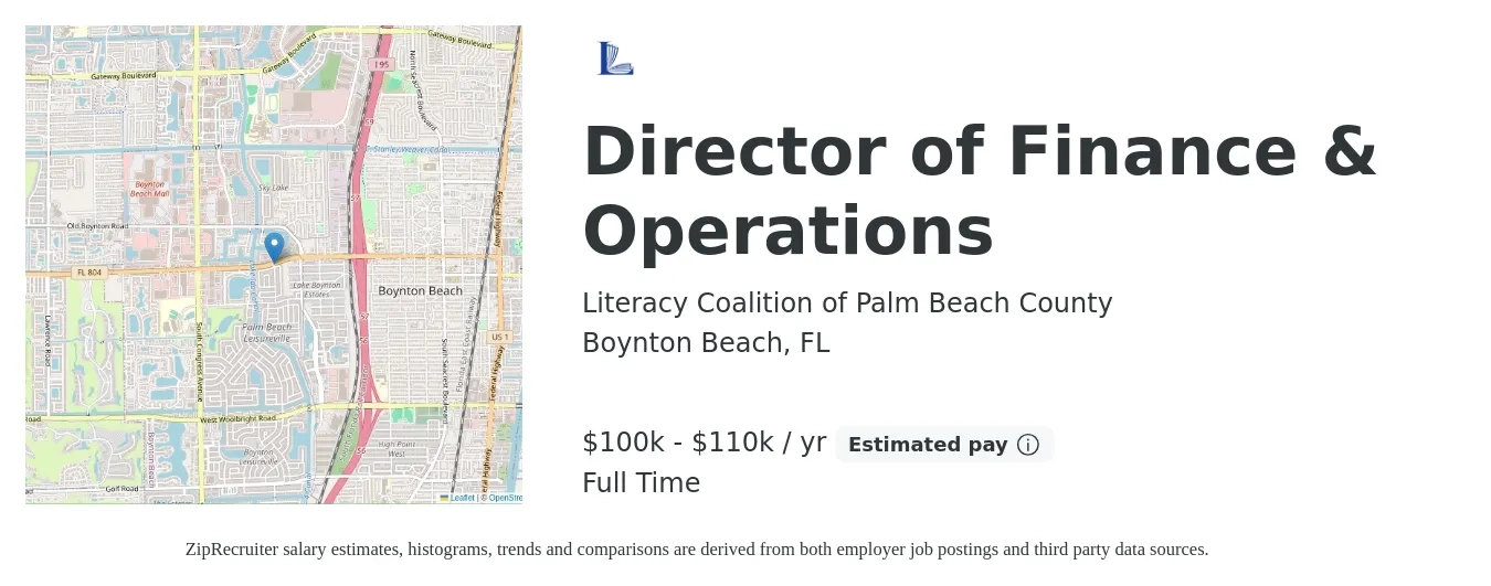 Literacy Coalition of Palm Beach County job posting for a Director of Finance & Operations in Boynton Beach, FL with a salary of $100,000 to $110,000 Yearly with a map of Boynton Beach location.