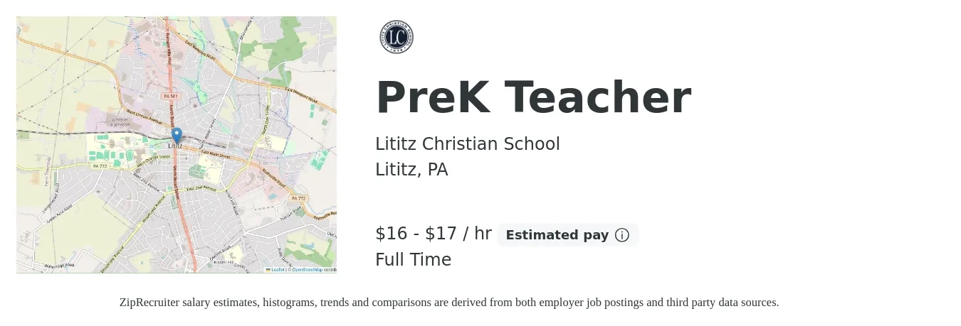 Lititz Christian School job posting for a PreK Teacher in Lititz, PA with a salary of $17 to $18 Hourly with a map of Lititz location.