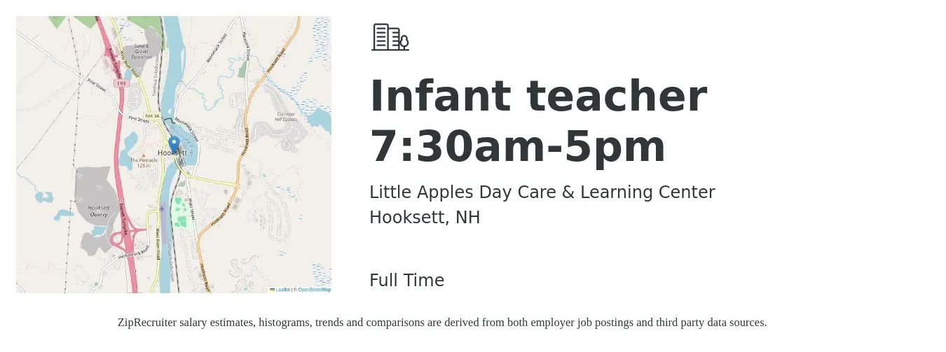 Little Apples Day Care & Learning Center job posting for a Infant teacher 7:30am-5pm in Hooksett, NH with a salary of $16 to $18 Hourly with a map of Hooksett location.