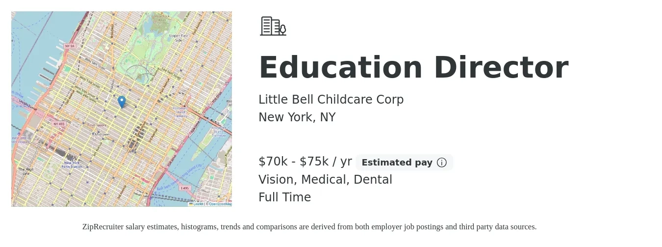 Little Bell Childcare Corp job posting for a Education Director in New York, NY with a salary of $70,000 to $75,000 Yearly and benefits including dental, life_insurance, medical, pto, retirement, and vision with a map of New York location.