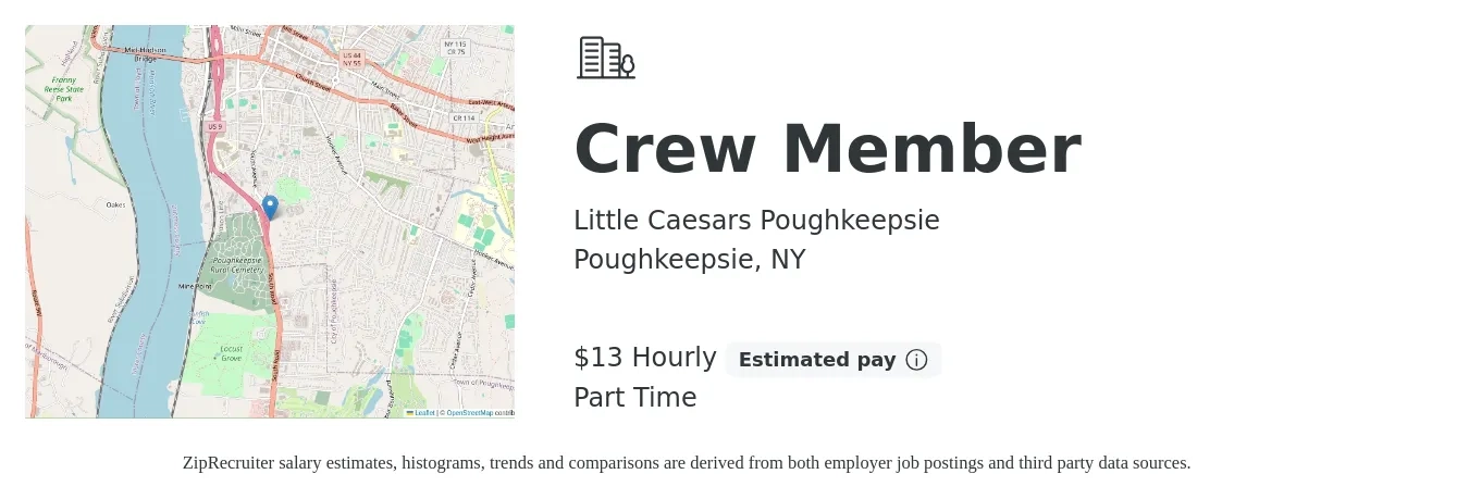 Little Caesars Poughkeepsie job posting for a Crew Member in Poughkeepsie, NY with a salary of $14 Hourly with a map of Poughkeepsie location.