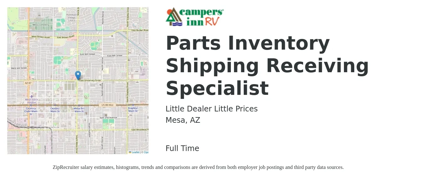 Little Dealer Little Prices job posting for a Parts Inventory Shipping Receiving Specialist in Mesa, AZ with a salary of $17 to $20 Hourly with a map of Mesa location.