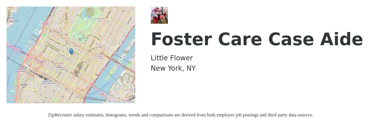 Little Flower job posting for a Foster Care Case Aide in New York, NY with a salary of $15 to $20 Hourly with a map of New York location.