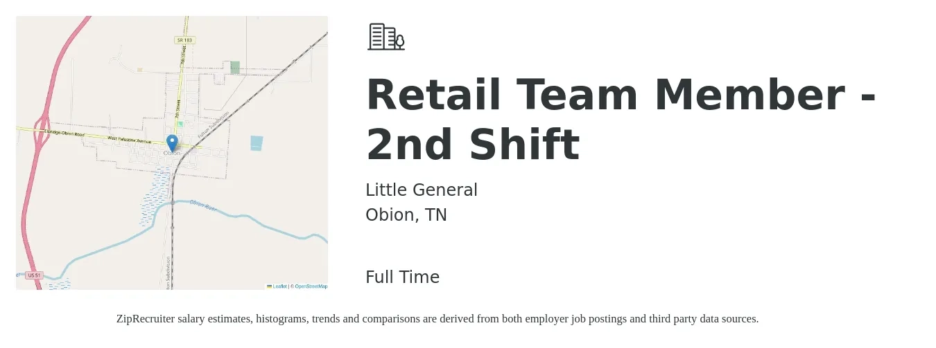 Little General job posting for a Retail Team Member - 2nd Shift in Obion, TN with a salary of $10 to $14 Hourly with a map of Obion location.