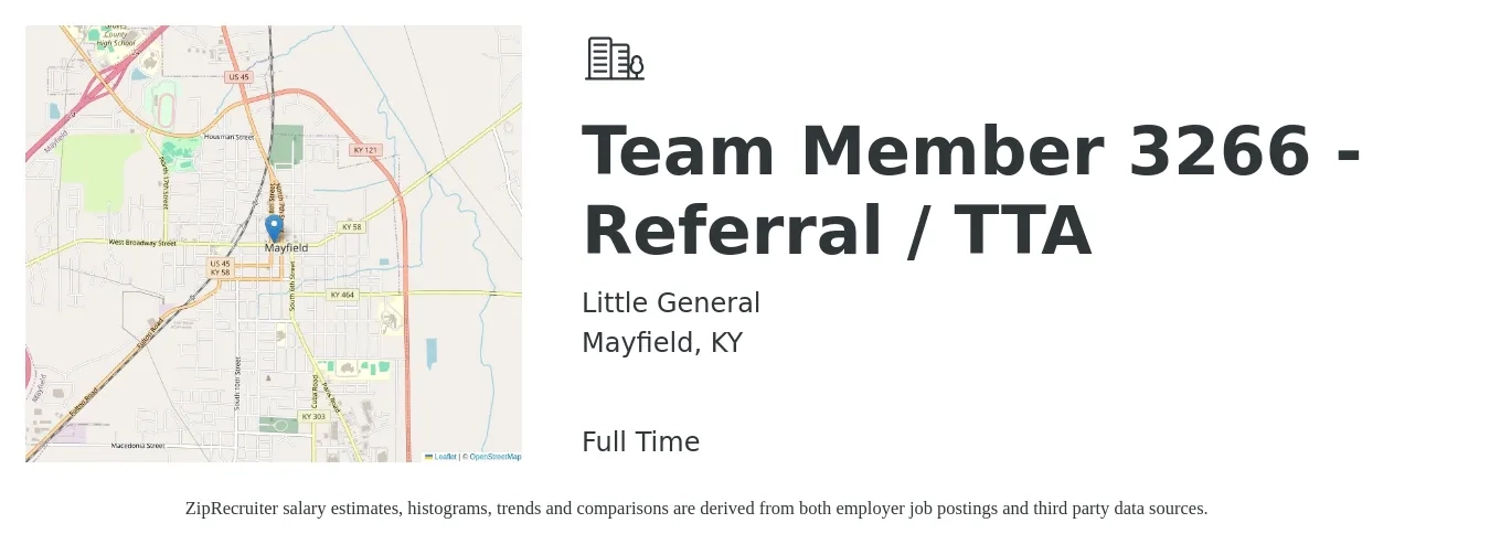 Little General job posting for a Team Member 3266 - Referral / TTA in Mayfield, KY with a salary of $10 to $14 Hourly with a map of Mayfield location.
