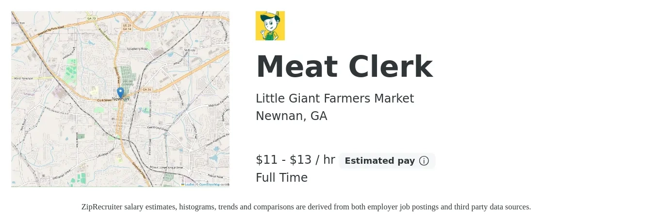 Little Giant Farmers Market job posting for a Meat Clerk in Newnan, GA with a salary of $12 to $14 Hourly with a map of Newnan location.