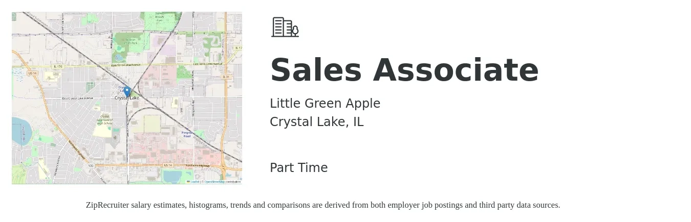 Little Green Apple job posting for a Sales Associate in Crystal Lake, IL with a salary of $14 to $18 Hourly with a map of Crystal Lake location.