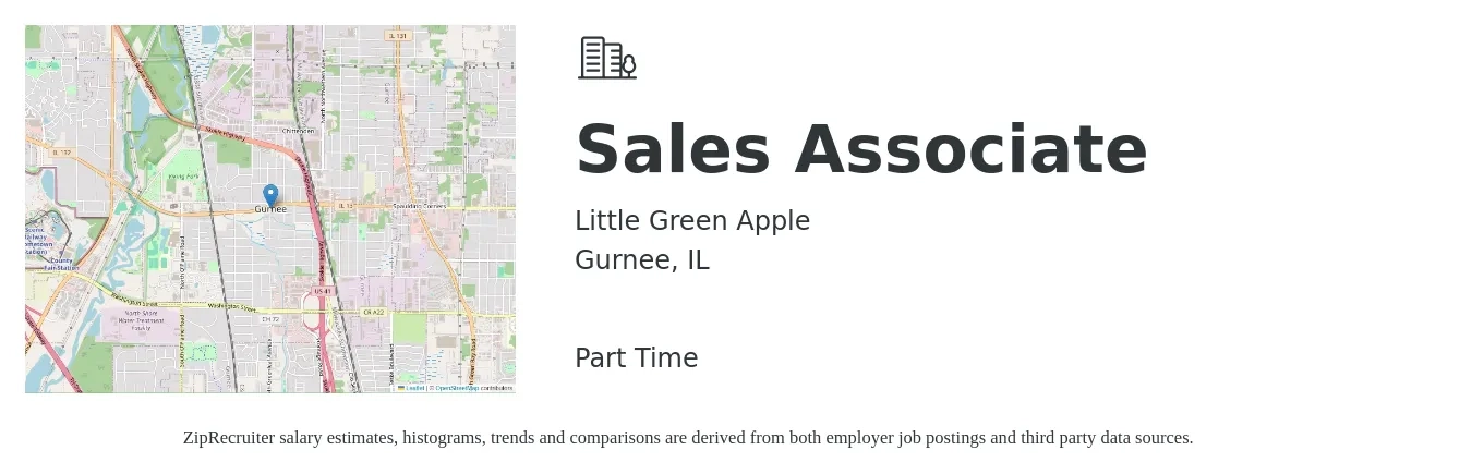 Little Green Apple job posting for a Sales Associate in Gurnee, IL with a salary of $14 to $18 Hourly with a map of Gurnee location.