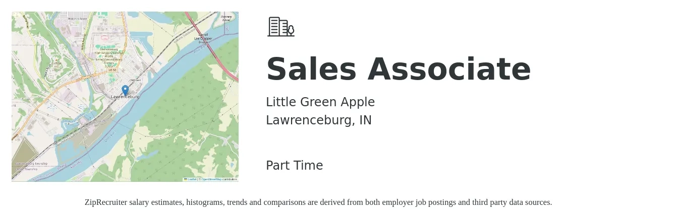 Little Green Apple job posting for a Sales Associate in Lawrenceburg, IN with a salary of $13 to $17 Hourly with a map of Lawrenceburg location.