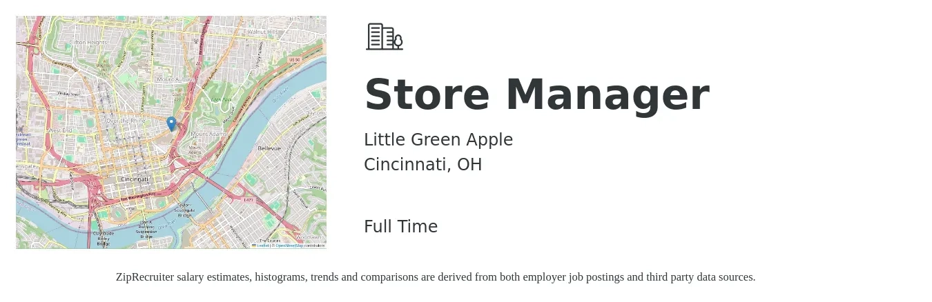 Little Green Apple job posting for a Store Manager in Cincinnati, OH with a salary of $39,800 to $61,900 Yearly with a map of Cincinnati location.