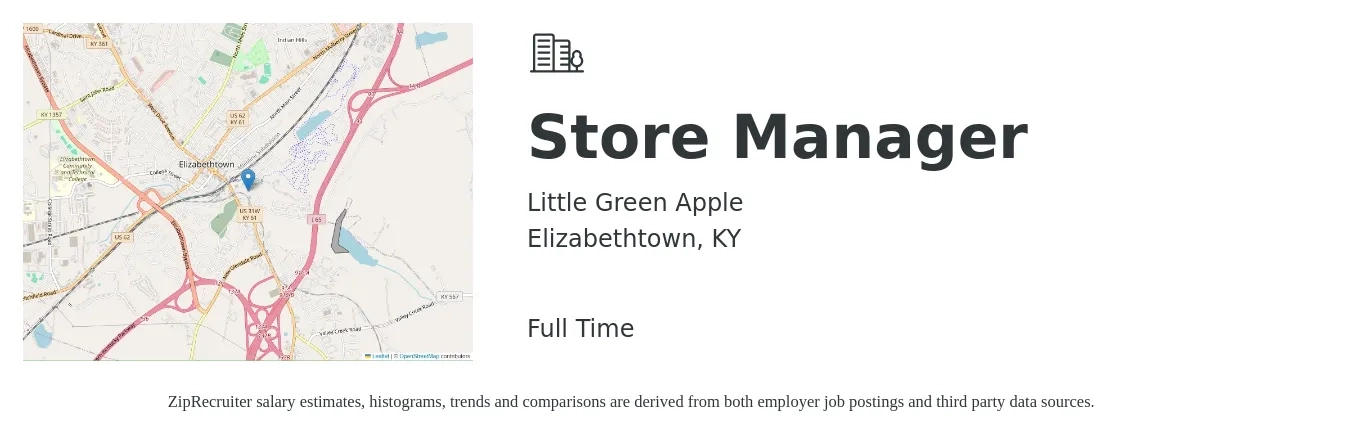 Little Green Apple job posting for a Store Manager in Elizabethtown, KY with a salary of $38,100 to $59,200 Yearly with a map of Elizabethtown location.