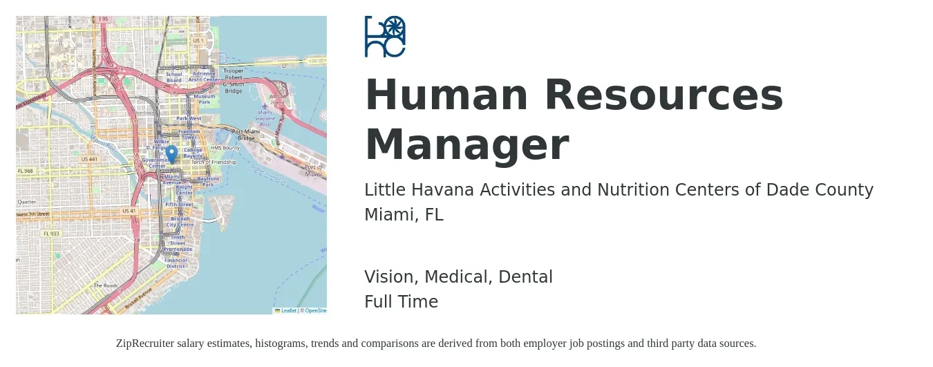 Little Havana Activities and Nutrition Centers of Dade County job posting for a Human Resources Manager in Miami, FL with a salary of $66,000 to $95,600 Yearly and benefits including dental, medical, pto, and vision with a map of Miami location.