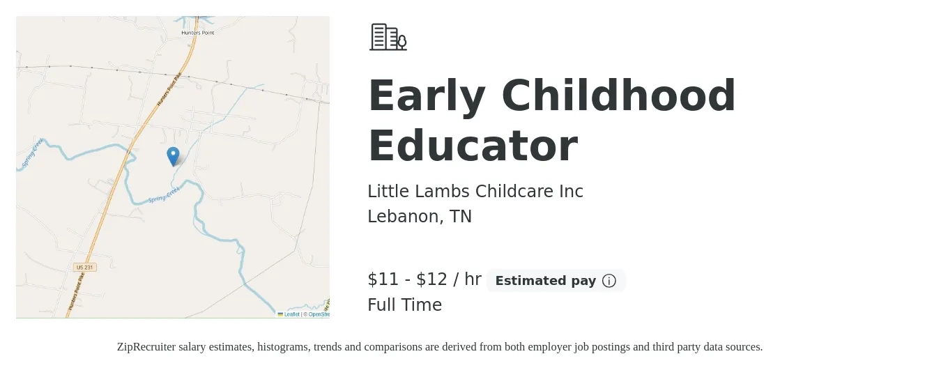 Little Lambs Childcare Inc job posting for a Early Childhood Educator in Lebanon, TN with a salary of $12 to $13 Hourly with a map of Lebanon location.
