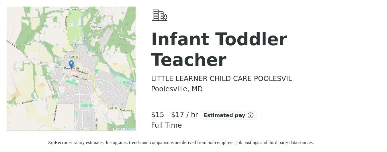 LITTLE LEARNER CHILD CARE POOLESVIL job posting for a Infant Toddler Teacher in Poolesville, MD with a salary of $16 to $18 Hourly with a map of Poolesville location.