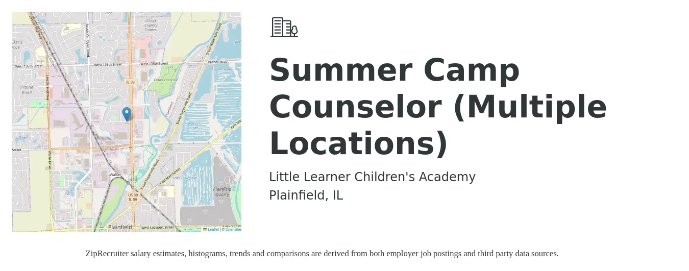 Little Learner Children's Academy job posting for a Summer Camp Counselor (Multiple Locations) in Plainfield, IL with a salary of $14 Hourly with a map of Plainfield location.