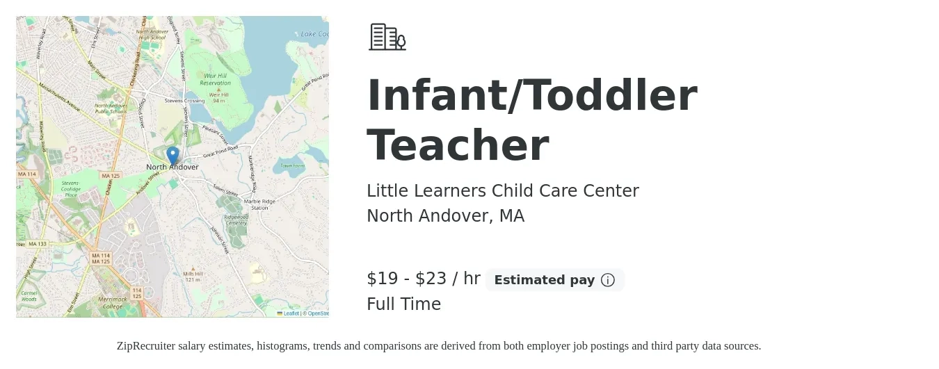 Little Learners Child Care Center job posting for a Infant/Toddler Teacher in North Andover, MA with a salary of $20 to $24 Hourly with a map of North Andover location.