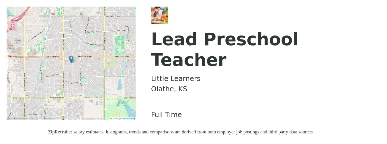 Little Learners job posting for a Lead Preschool Teacher in Olathe, KS with a salary of $36,920 to $42,120 Yearly with a map of Olathe location.