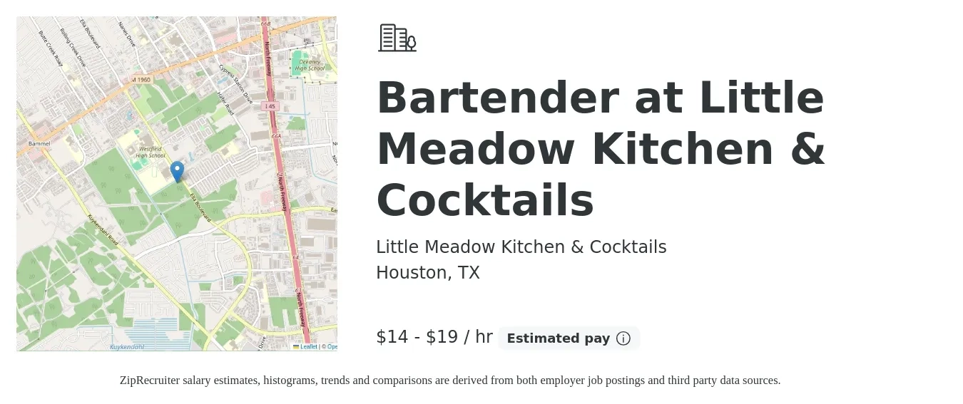 Little Meadow Kitchen & Cocktails job posting for a Bartender at Little Meadow Kitchen & Cocktails in Houston, TX with a salary of $15 to $20 Hourly with a map of Houston location.
