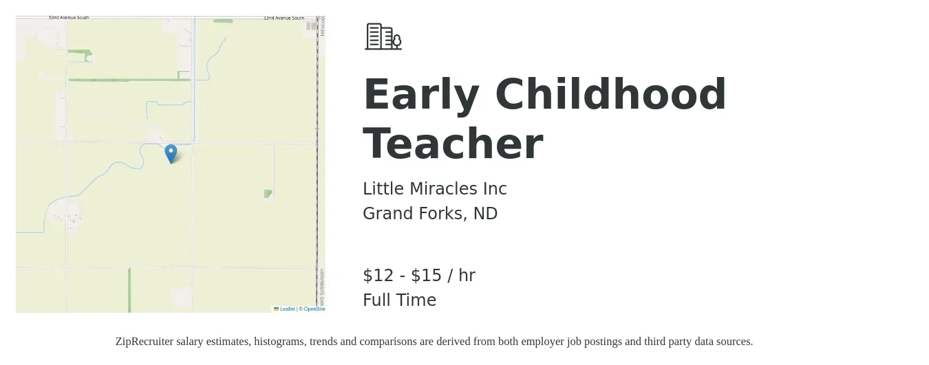 Little Miracles Inc job posting for a Early Childhood Teacher in Grand Forks, ND with a salary of $13 to $16 Hourly with a map of Grand Forks location.
