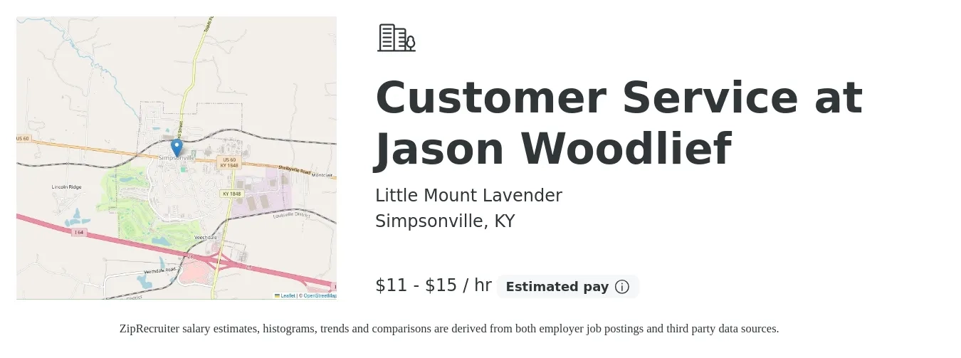Little Mount Lavender job posting for a Customer Service at Jason Woodlief in Simpsonville, KY with a salary of $12 to $16 Hourly with a map of Simpsonville location.