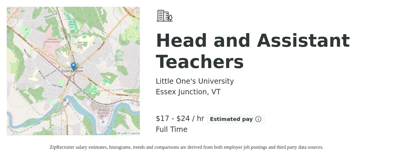 Little One's University job posting for a Head and Assistant Teachers in Essex Junction, VT with a salary of $18 to $25 Hourly with a map of Essex Junction location.