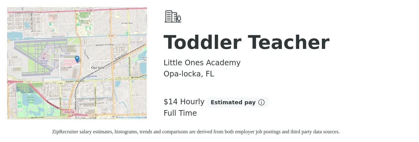 Little Ones Academy job posting for a Toddler Teacher in Opa-locka, FL with a salary of $15 Hourly with a map of Opa-locka location.