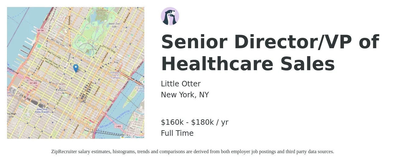 Little Otter job posting for a Senior Director/VP of Healthcare Sales in New York, NY with a salary of $160,000 to $180,000 Yearly with a map of New York location.