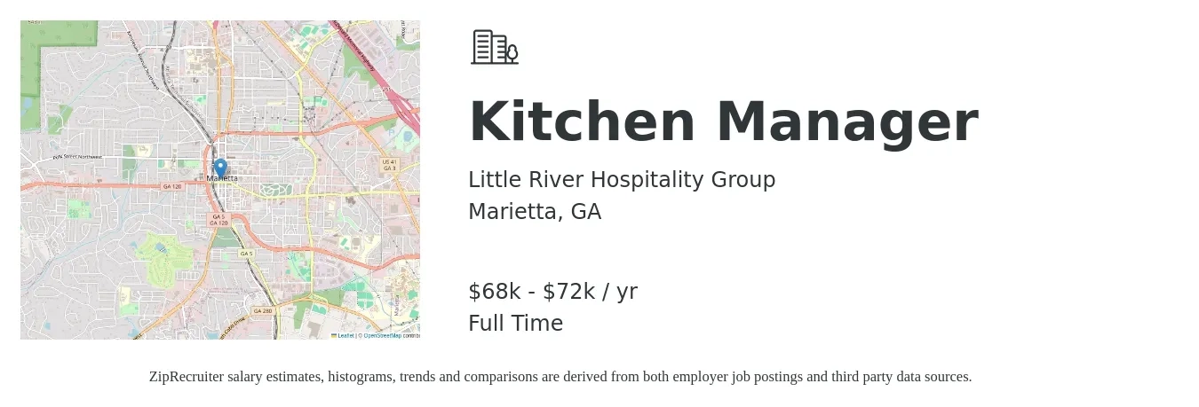Little River Hospitality Group job posting for a Kitchen Manager in Marietta, GA with a salary of $68,000 to $72,000 Yearly with a map of Marietta location.