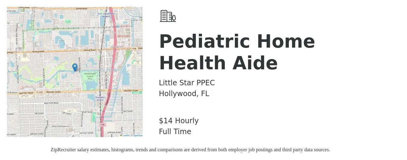 Little Star PPEC job posting for a Pediatric Home Health Aide in Hollywood, FL with a salary of $15 Hourly with a map of Hollywood location.