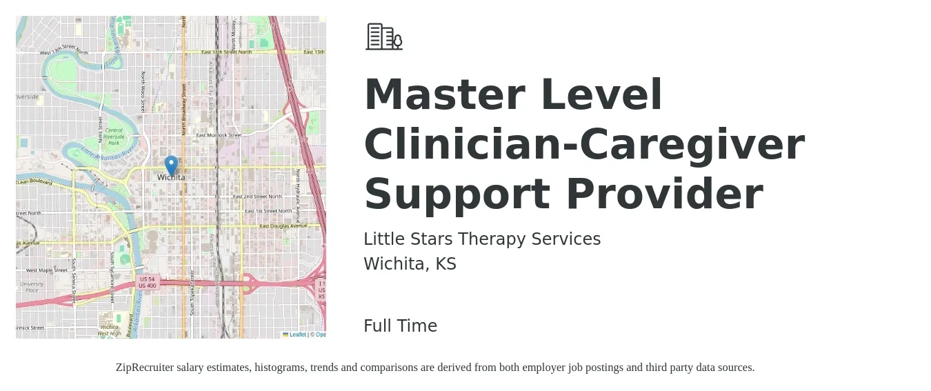 Little Stars Therapy Services job posting for a Master Level Clinician-Caregiver Support Provider in Wichita, KS with a salary of $14 to $26 Hourly with a map of Wichita location.