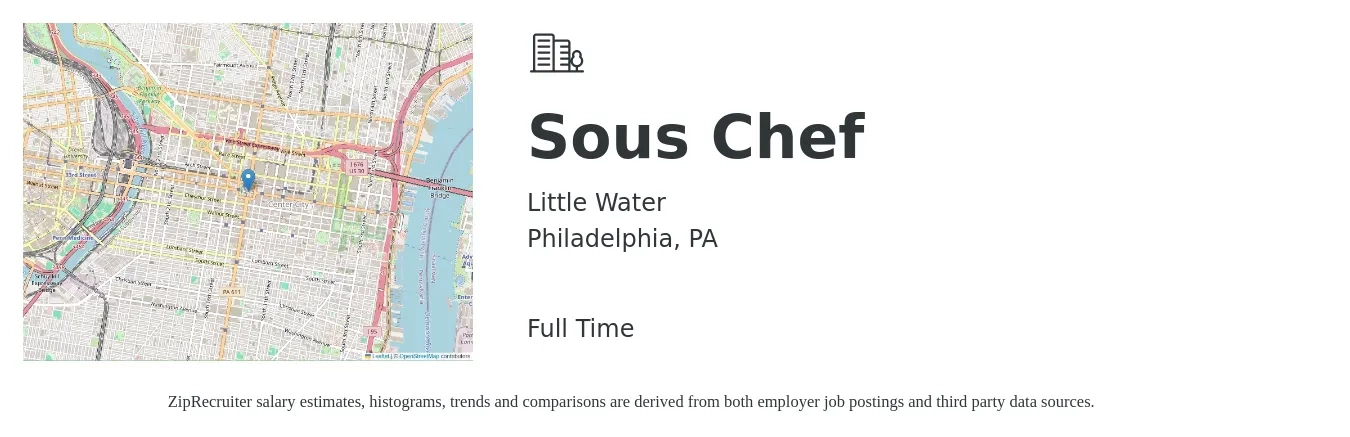 Little Water job posting for a Sous Chef in Philadelphia, PA with a salary of $50,500 to $68,100 Yearly with a map of Philadelphia location.