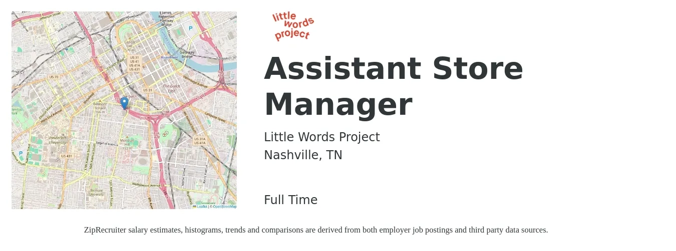 Little Words Project job posting for a Assistant Store Manager in Nashville, TN with a salary of $16 to $22 Hourly with a map of Nashville location.